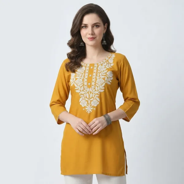 Mustard_Yellow_Rayon_Straight_Embroidered_Kurti_For_Women