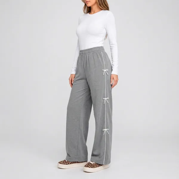 Grey_Polyester_Cotton_Wide_Leg_Ribbon_Detail_Pants_For_Women