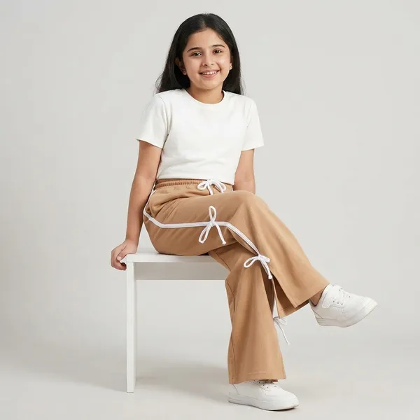 Beige_Polyester_Cotton_Wide_Leg_Drawstring_Pants_For_Girls