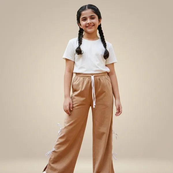 Beige_Polyester_Cotton_Wide_Leg_Drawstring_Pants_For_Girls