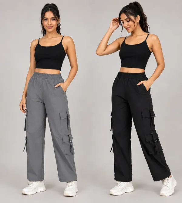 Grey_Black_Polyester_Cotton_Multi-Pocket_Cargo_Pants_For_Women