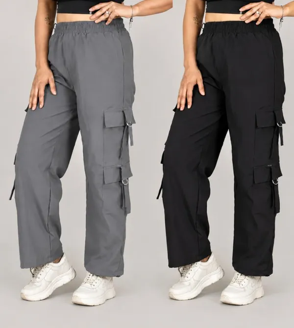 Grey_Black_Polyester_Cotton_Multi-Pocket_Cargo_Pants_For_Women