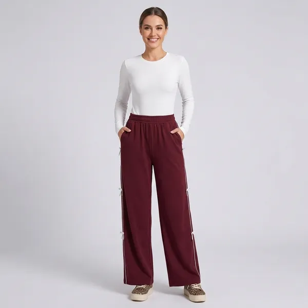 Maroon_Polyester_Cotton_Wide_Leg_Ribbon_Detail_Pants_For_Women
