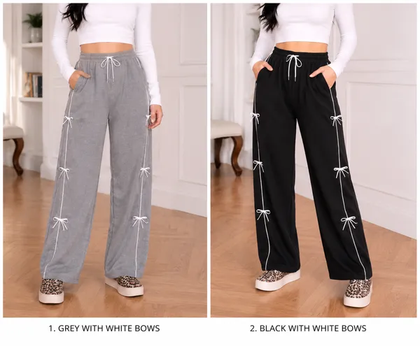 Black_Grey_Polyester_Cotton_Wide_Leg_Bow_Detail_Pants_For_Women