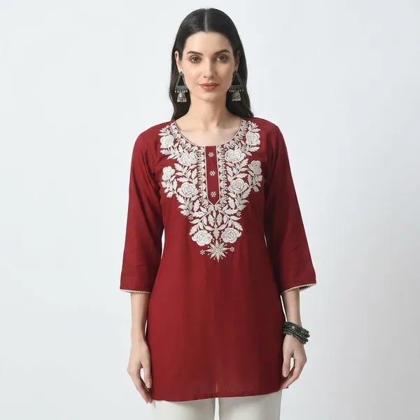 Maroon_Rayon_Straight_Embroidered_Kurta_For_Women