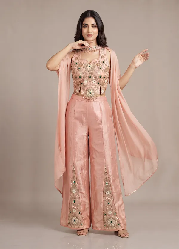 OOJAL_Satin_Peach‑Gold_Embroidered_Crop-Top_with_Palazzo_&_Dupatta_–_Designer_Festive_Partywear