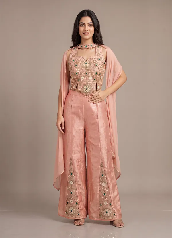 OOJAL_Satin_Peach‑Gold_Embroidered_Crop-Top_with_Palazzo_&_Dupatta_–_Designer_Festive_Partywear