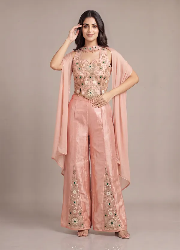 OOJAL_Satin_Peach‑Gold_Embroidered_Crop-Top_with_Palazzo_&_Dupatta_–_Designer_Festive_Partywear