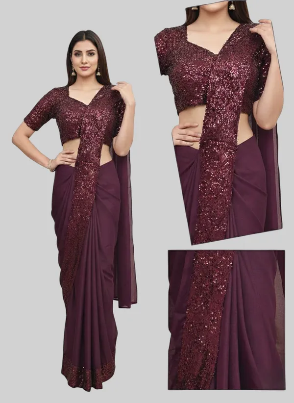 Oojal_Embroidered_Pre_Draped_Saree_Lycra_Saree_Maroon