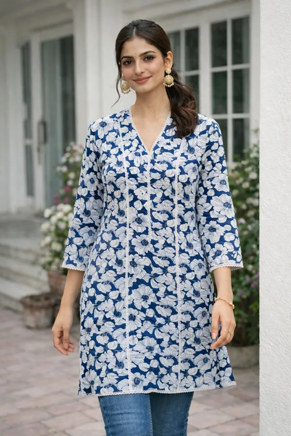 Oojal_Women_Floral_Print_A_Line_Kurta_Blue
