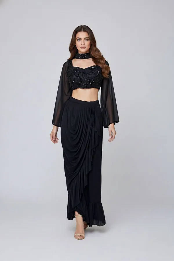 Oojal_Solid_Stitched_Lehenga_And_Crop_Top_Black