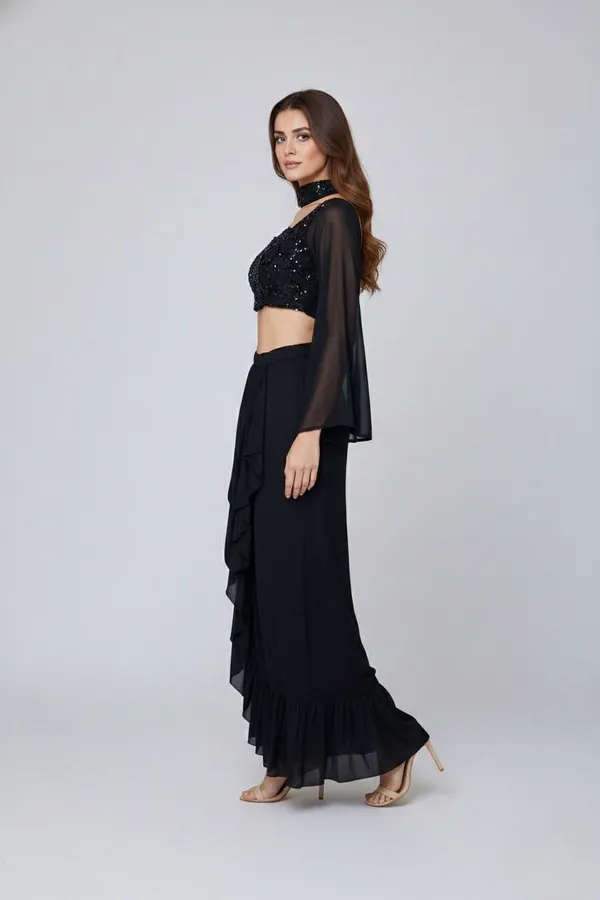 Oojal_Solid_Stitched_Lehenga_And_Crop_Top_Black