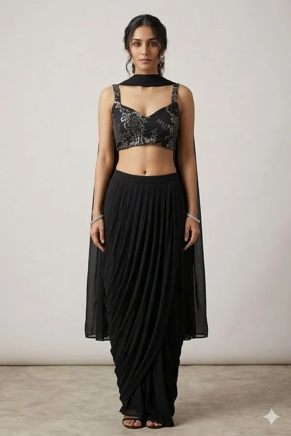 Oojal_Solid_Stitched_Lehenga_And_Crop_Top_Black
