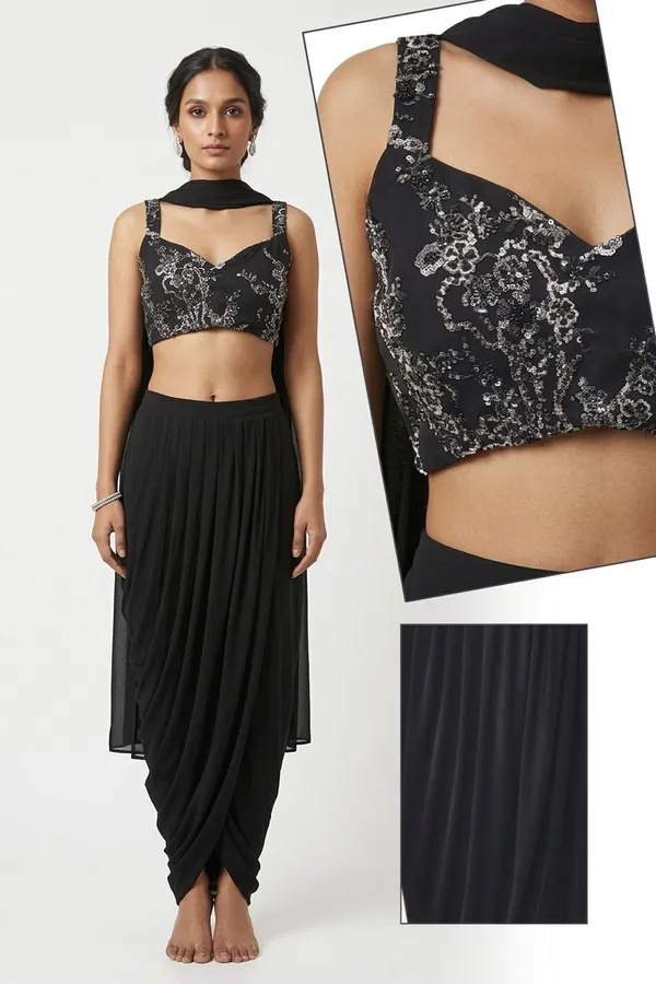 Oojal_Solid_Stitched_Lehenga_And_Crop_Top_Black