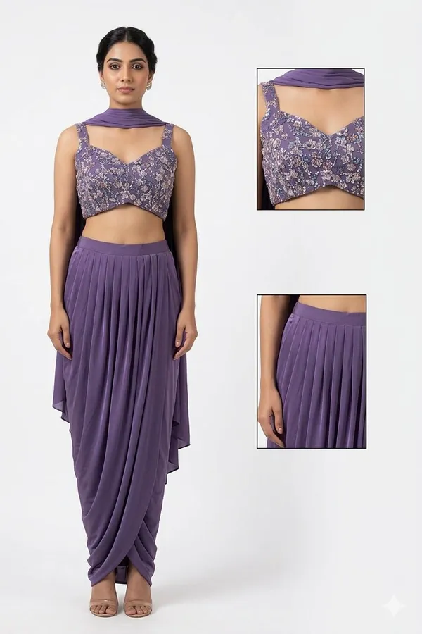 Oojal_Solid_Stitched_Lehenga_And_Crop_Top_Purple
