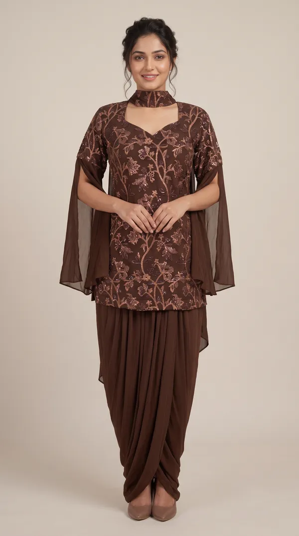 OOJAL_Brown_Sequin_Embroidered_Lycra_Indo-Western_Dhoti_Set