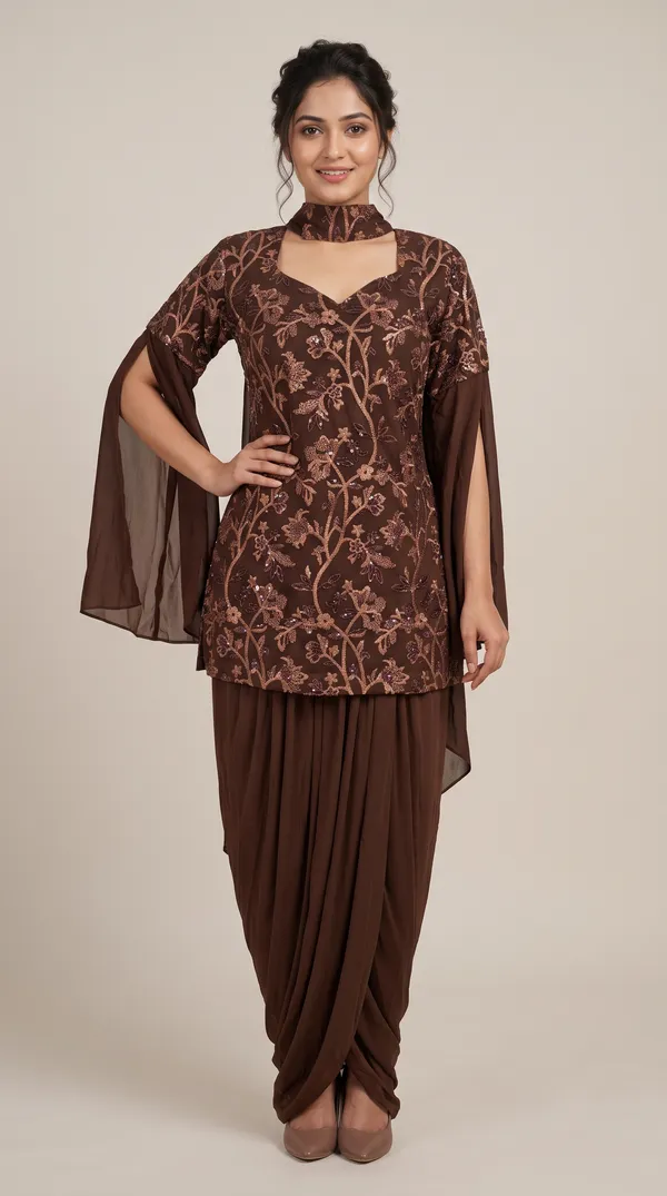 OOJAL_Brown_Sequin_Embroidered_Lycra_Indo-Western_Dhoti_Set