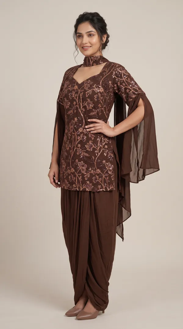 OOJAL_Brown_Sequin_Embroidered_Lycra_Indo-Western_Dhoti_Set