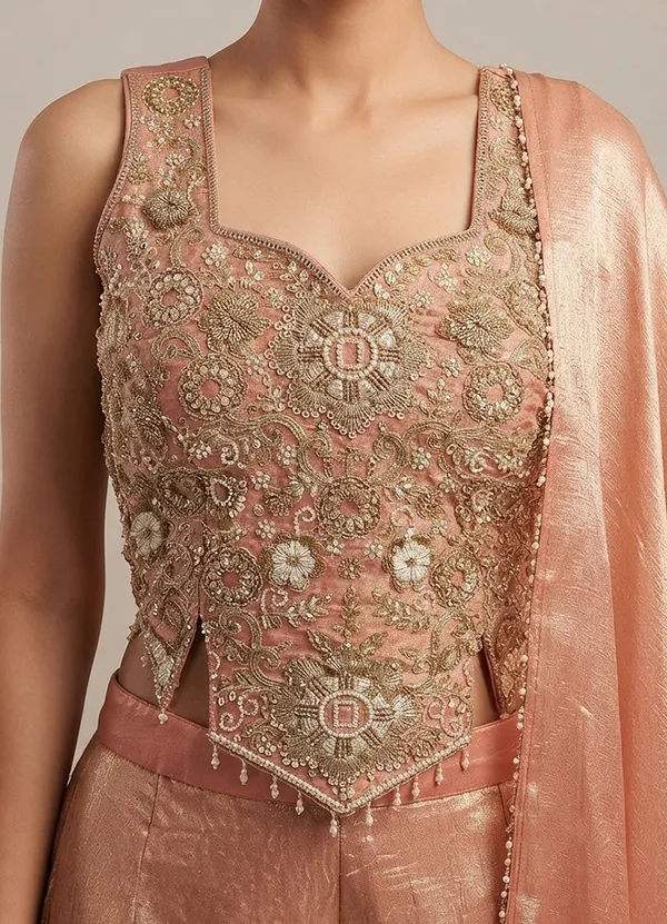 OOJAL_Satin_Peach‑Gold_Embroidered_Crop-Top_with_Palazzo_&_Dupatta_–_Designer_Festive_Partywear