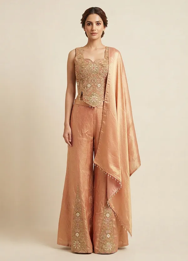 OOJAL_Satin_Peach‑Gold_Embroidered_Crop-Top_with_Palazzo_&_Dupatta_–_Designer_Festive_Partywear