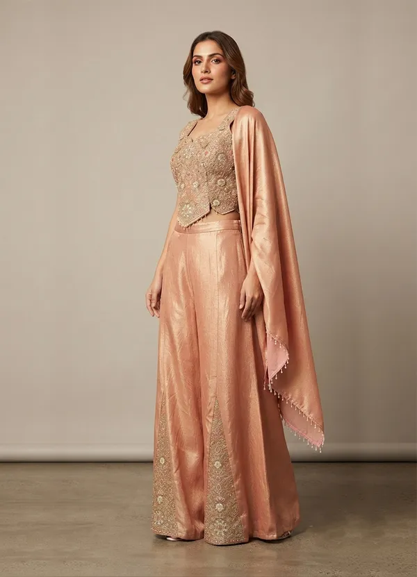 OOJAL_Satin_Peach‑Gold_Embroidered_Crop-Top_with_Palazzo_&_Dupatta_–_Designer_Festive_Partywear