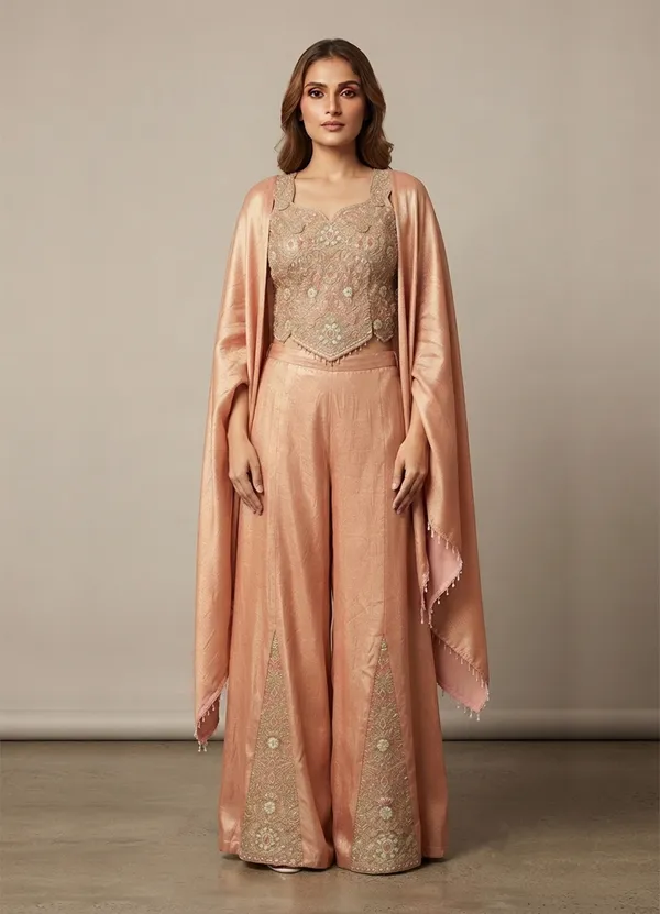 OOJAL_Satin_Peach‑Gold_Embroidered_Crop-Top_with_Palazzo_&_Dupatta_–_Designer_Festive_Partywear