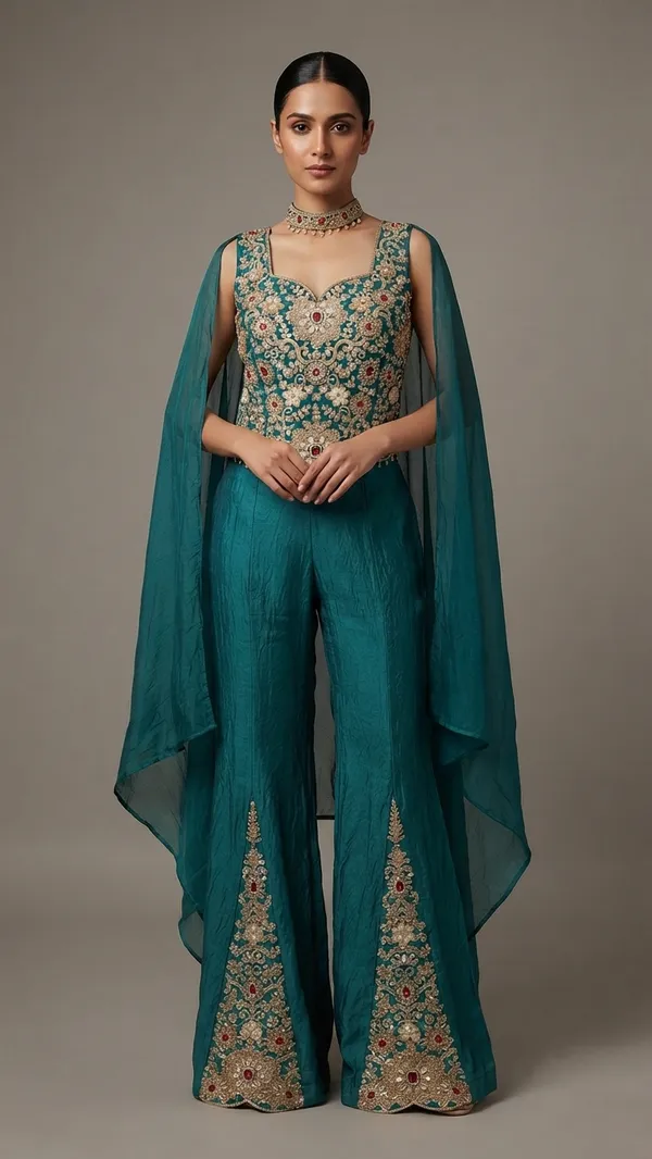 OOJAL_Satin_Teal_Embroidered_Kurta_Palazzo_Set_with_Dupatta_–_Designer_Festive_Partywear
