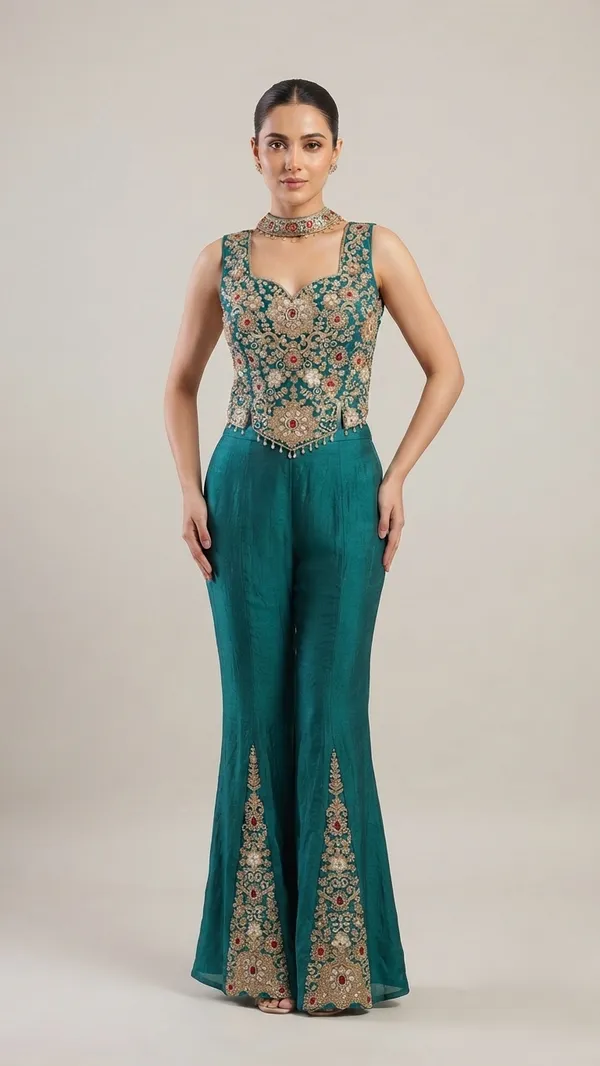 OOJAL_Satin_Teal_Embroidered_Kurta_Palazzo_Set_with_Dupatta_–_Designer_Festive_Partywear