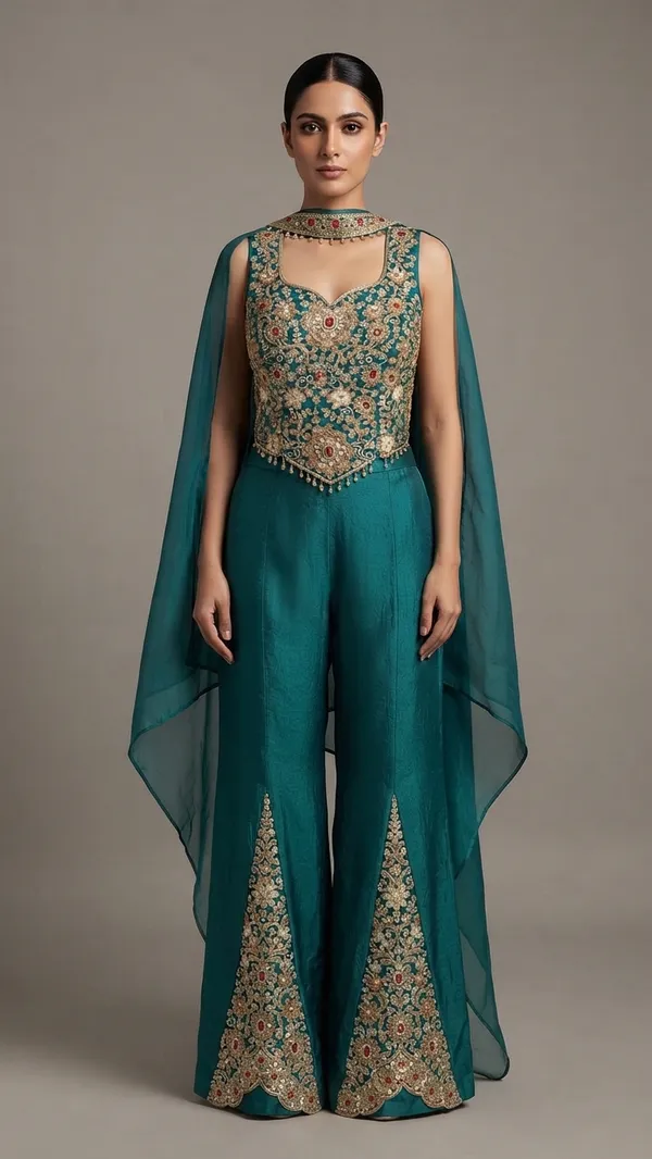 OOJAL_Satin_Teal_Embroidered_Kurta_Palazzo_Set_with_Dupatta_–_Designer_Festive_Partywear