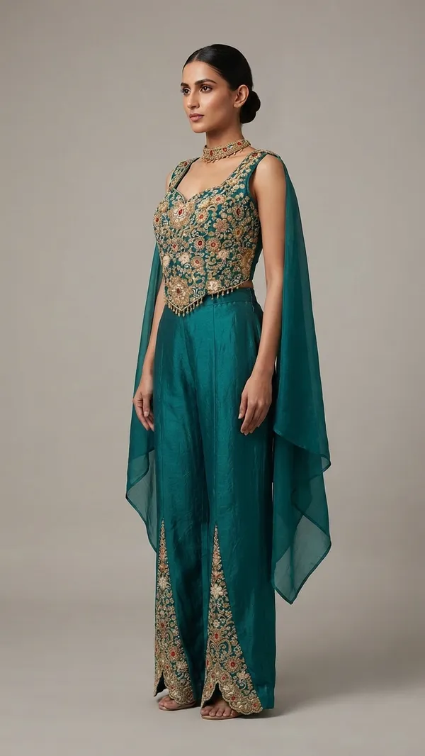 OOJAL_Satin_Teal_Embroidered_Kurta_Palazzo_Set_with_Dupatta_–_Designer_Festive_Partywear