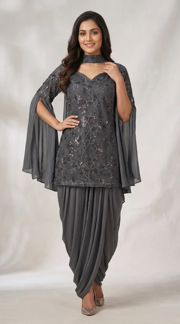 OOJAL_Women's_Grey_Lycra_Sequin_Kurti_&_Draped_Dhoti_Pant_Set