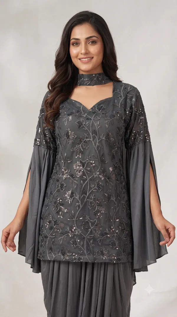 OOJAL_Women's_Grey_Lycra_Sequin_Kurti_&_Draped_Dhoti_Pant_Set