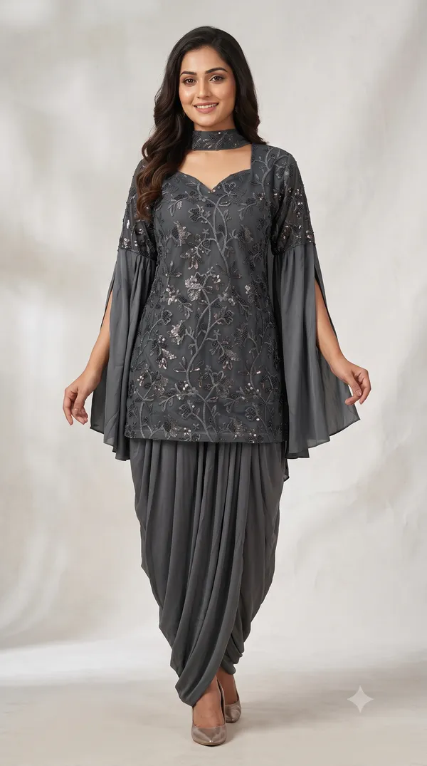 OOJAL_Women's_Grey_Lycra_Sequin_Kurti_&_Draped_Dhoti_Pant_Set