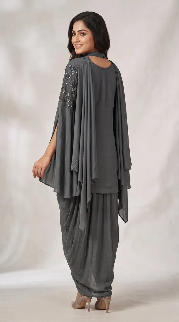 OOJAL_Women's_Grey_Lycra_Sequin_Kurti_&_Draped_Dhoti_Pant_Set