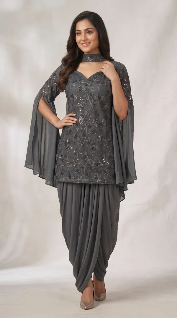 OOJAL_Women's_Grey_Lycra_Sequin_Kurti_&_Draped_Dhoti_Pant_Set