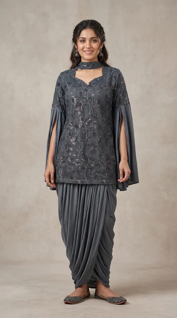 OOJAL_Women's_Grey_Lycra_Sequin_Kurti_&_Draped_Dhoti_Pant_Set