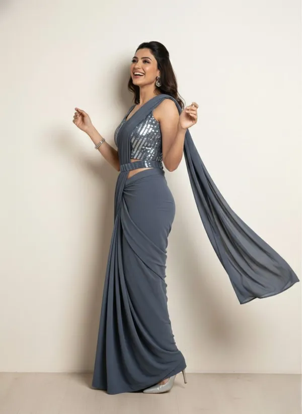 Oojal_Solid_Plain_Pre_Draped_Saree_Lycra_Saree_Grey