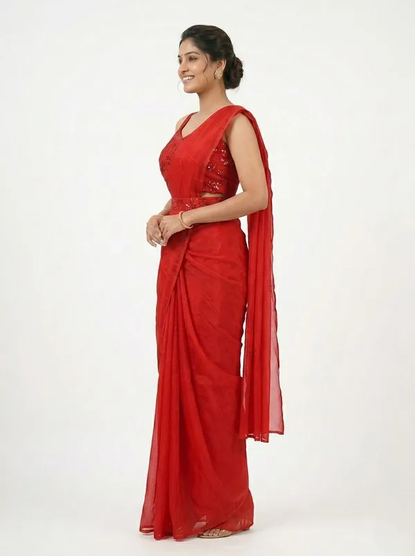 Oojal_Embroidered_Solid_Plain_Pre_Draped_Saree_Georgette_Saree_Red