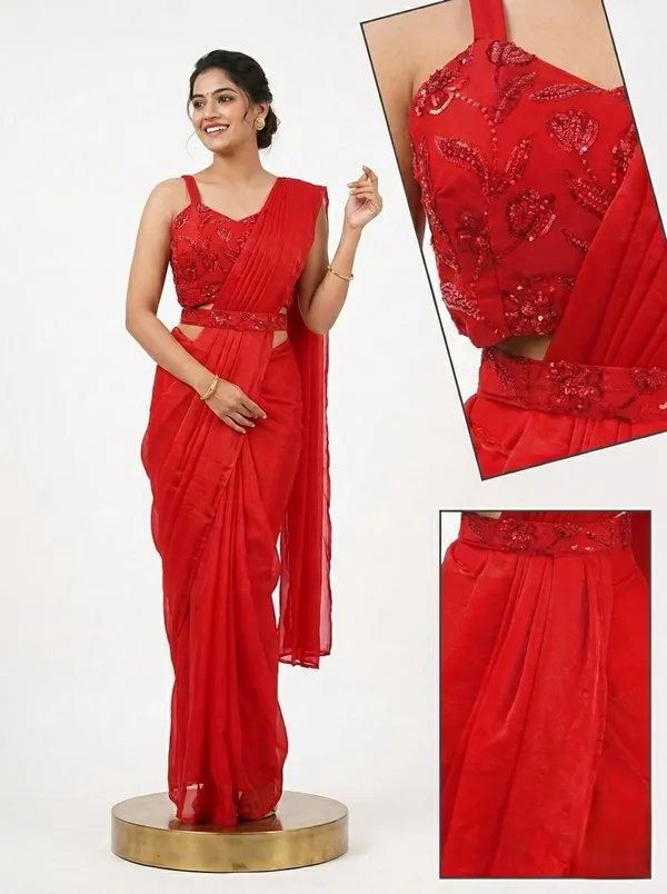 Oojal_Embroidered_Solid_Plain_Pre_Draped_Saree_Georgette_Saree_Red