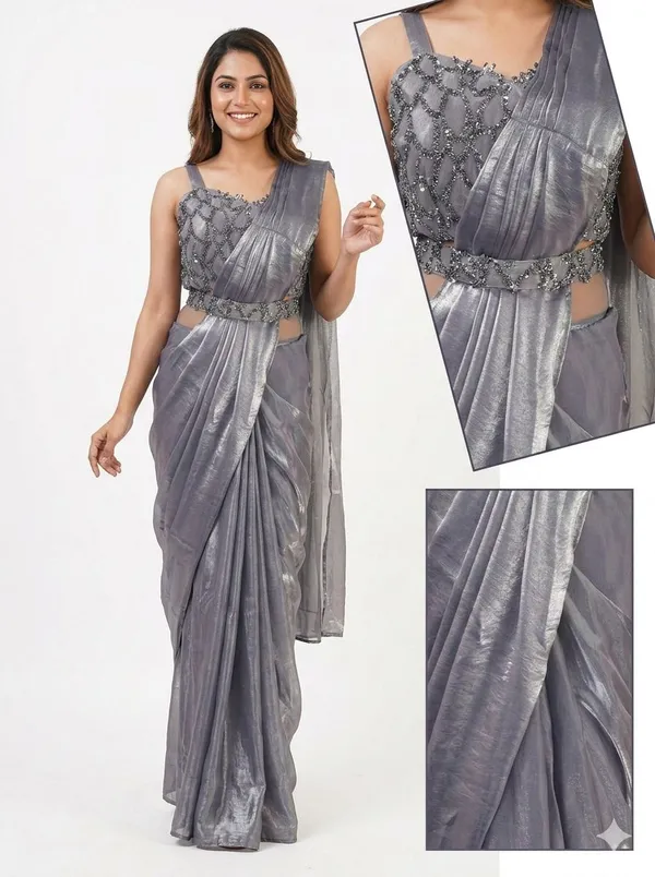 Oojal_Embroidered_Solid_Plain_Pre_Draped_Saree_Lycra_Saree_Grey