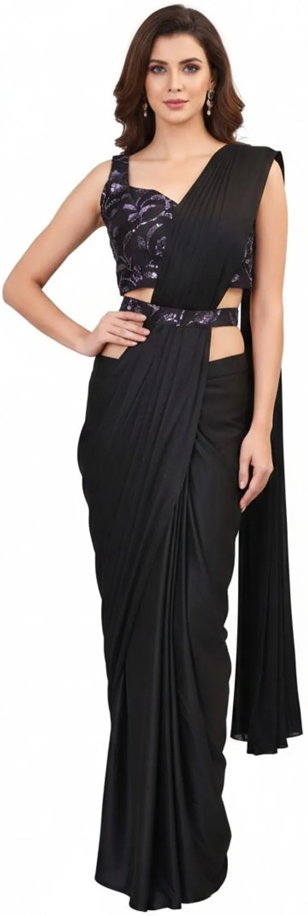 Oojal_Embellished_Solid_Plain_Pre_Draped_Saree_Lycra_Saree_Black