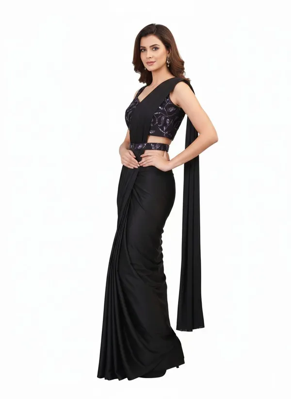 Oojal_Embellished_Solid_Plain_Pre_Draped_Saree_Lycra_Saree_Black