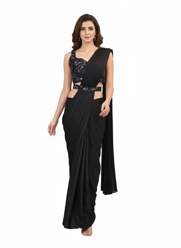 Oojal_Embellished_Solid_Plain_Pre_Draped_Saree_Lycra_Saree_Black