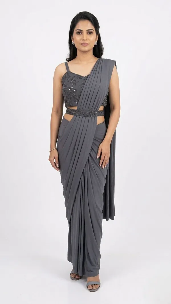 Oojal_Solid_Plain_Pre_Draped_Saree_Lycra_Saree_Grey