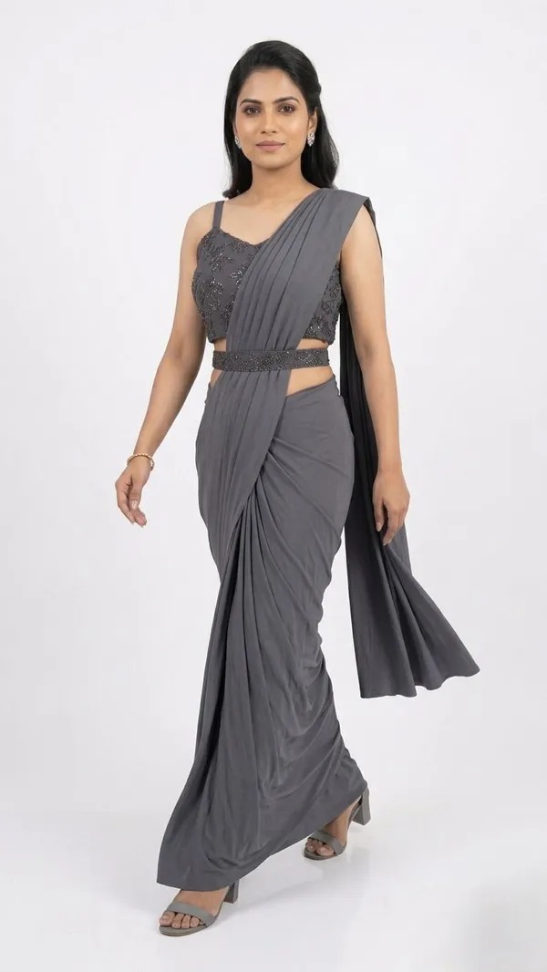 Oojal_Solid_Plain_Pre_Draped_Saree_Lycra_Saree_Grey