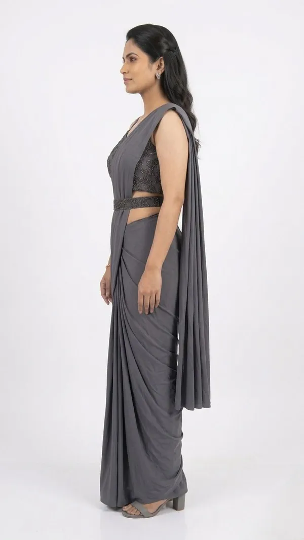Oojal_Solid_Plain_Pre_Draped_Saree_Lycra_Saree_Grey