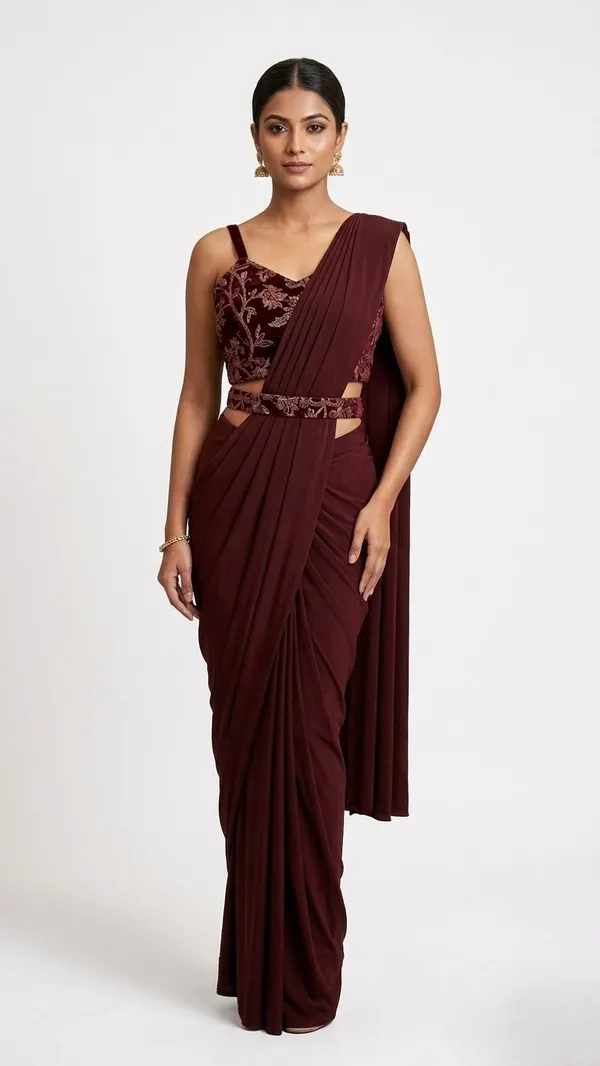 Oojal_Solid_Plain_Pre_Draped_Saree_Lycra_Saree_Brown
