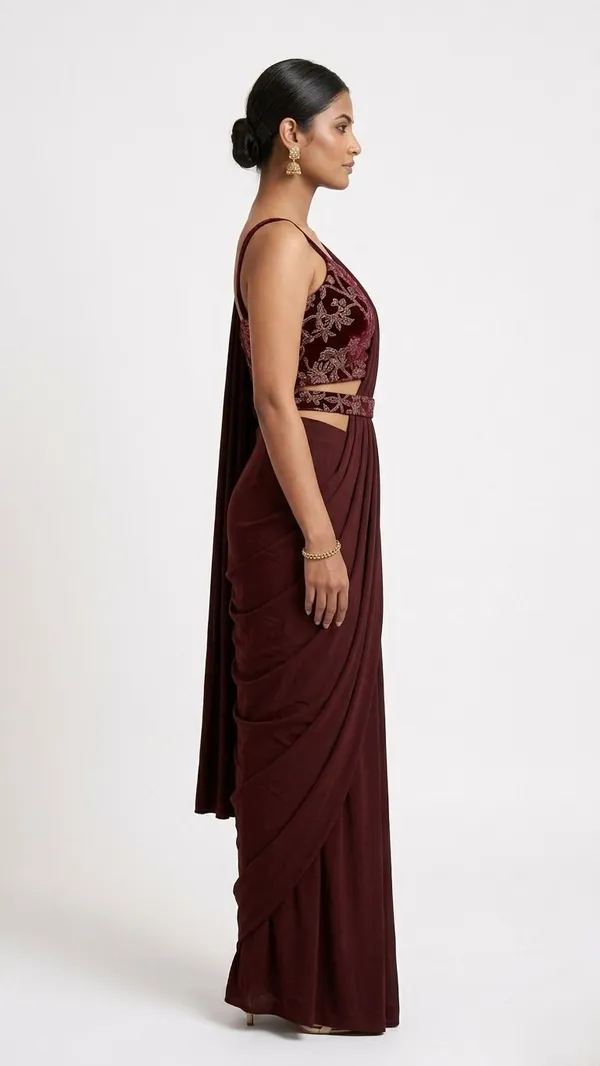 Oojal_Solid_Plain_Pre_Draped_Saree_Lycra_Saree_Brown