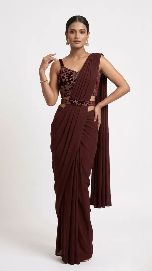 Oojal_Solid_Plain_Pre_Draped_Saree_Lycra_Saree_Brown