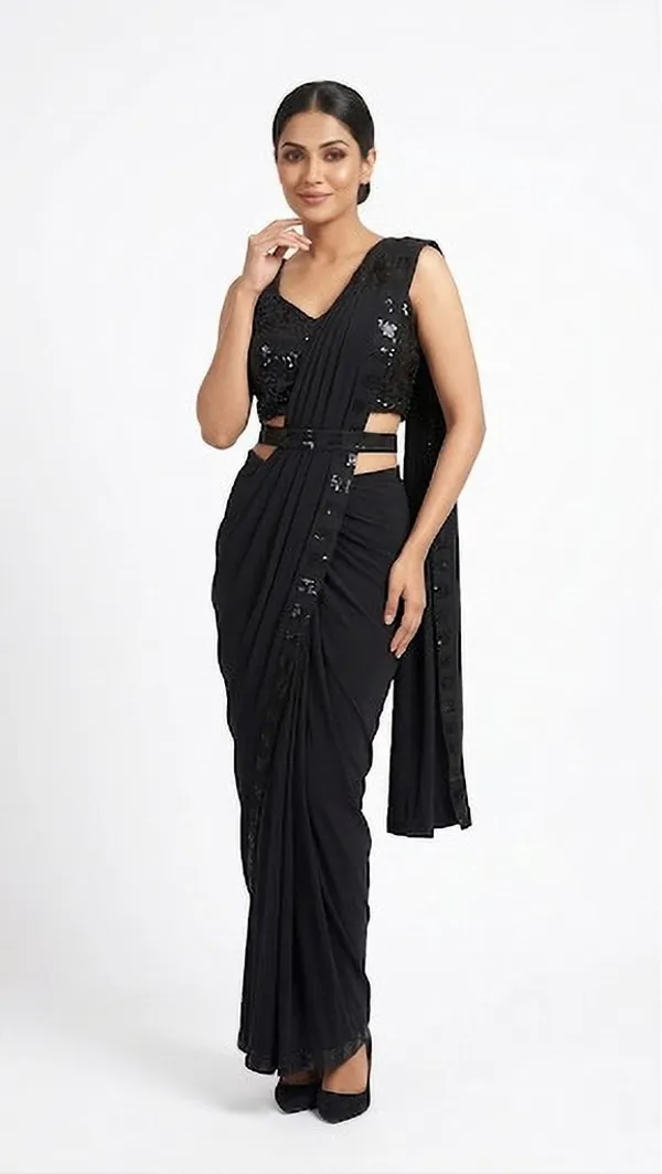 Oojal_Embellished_Solid_Plain_Striped_Pre_Draped_Saree_Lycra_Saree_Black